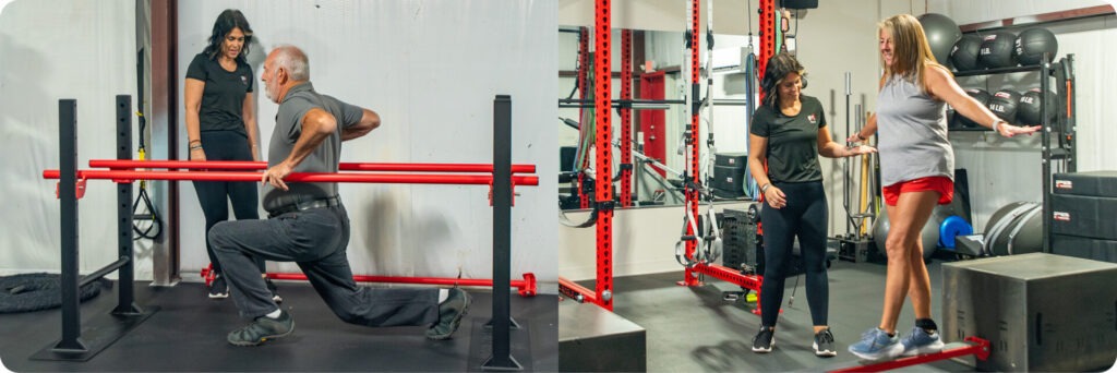 man squatting and woman walking on bar